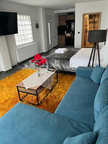 a living room with a couch and a bed at ElatoVillage in Elatochori