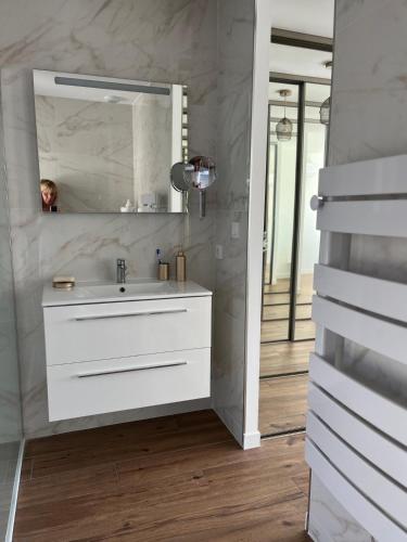 une salle de bain avec un lavabo blanc et un miroir dans l'établissement Villa moderne - Favone, à Conca