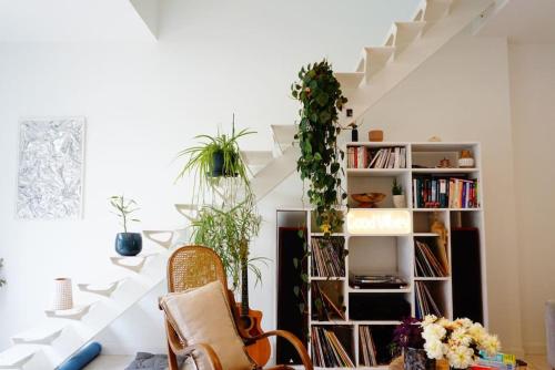 ein Wohnzimmer mit einer Treppe mit Pflanzen in der Unterkunft Superbe maison à 5 min de Bordeaux in Le Bouscat