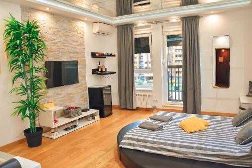 - une chambre avec un grand lit et une télévision dans l'établissement Hedonist Spa-ABlok 1, à Belgrade