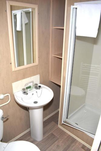 La salle de bains est pourvue d'un lavabo et d'une douche. dans l'établissement SA Torbay Bronze - pet friendly SU17, à Minehead