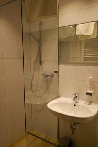 a bathroom with a sink and a shower at Hotel Casa Maria in Halblech