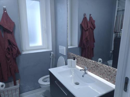 a bathroom with a sink and a toilet and a mirror at RELUX ROMAGNA in Fiumana