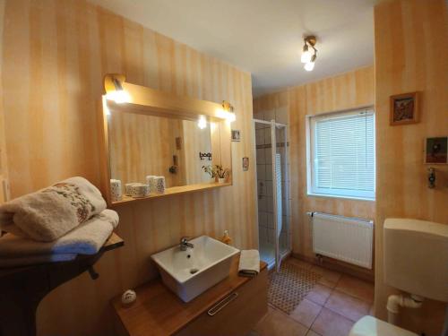 a bathroom with a sink and a mirror at Ferienwohnung Langhammer in Schonungen