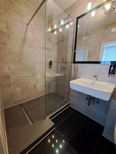 a bathroom with a sink and a glass shower at Hotel Central Hauptbahnhof in Heidelberg