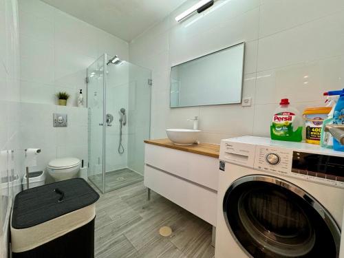 a washing machine in a bathroom with a sink at מיני דירת פנטהאוז in Rishon LeẔiyyon