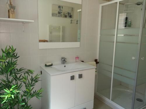 a white bathroom with a sink and a shower at Algajola in Algajola