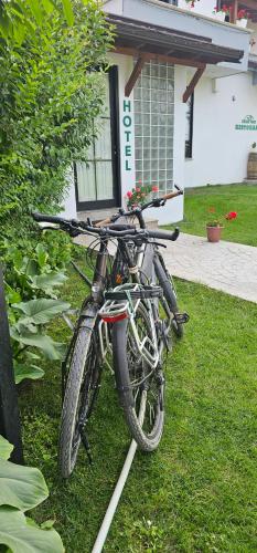 un vélo garé dans l'herbe devant une maison dans l'établissement Green Park Divjakë, à Divjakë