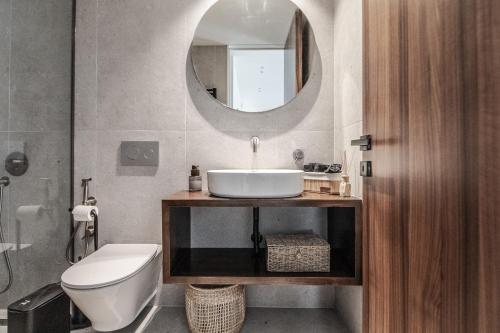 a bathroom with a sink and a toilet and a mirror at Kolchis Urban Villas in Volos