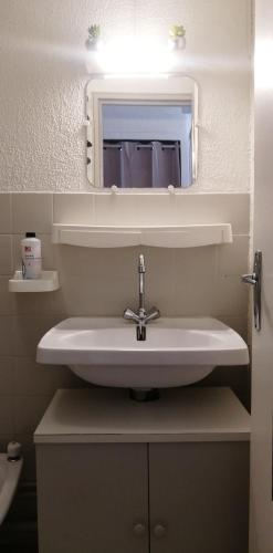 une salle de bain avec un lavabo et un miroir dans l'établissement Appartement studio-cabine 6 Couchages Cap-D'Agde, au Cap d'Agde