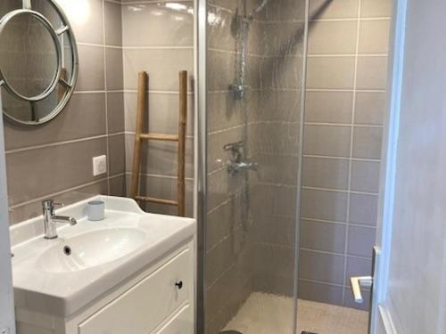 uma casa de banho com um chuveiro, um lavatório e um espelho. em Appartement Saint-Martin-de-Ré, 3 pièces, 4 personnes - FR-1-544-10 em Saint-Martin-de-Ré