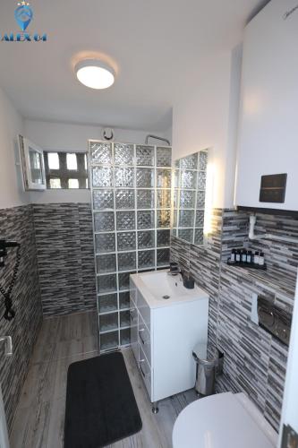a bathroom with a sink and a shower at Alex 04 in Orşova