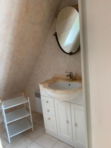 a bathroom with a sink and a mirror at Maison vue mer baie de Saint Brieuc in Plérin