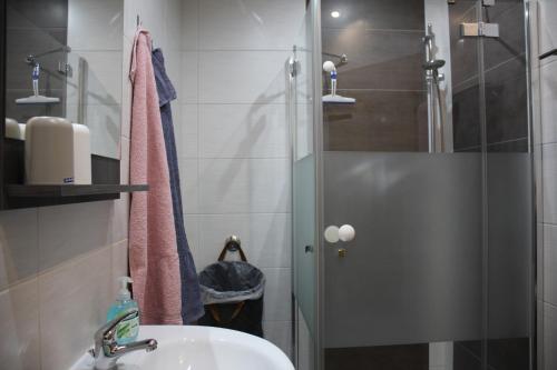 y baño con ducha y lavamanos. en Ferienwohnung mit Herz in Bautzen en Bautzen