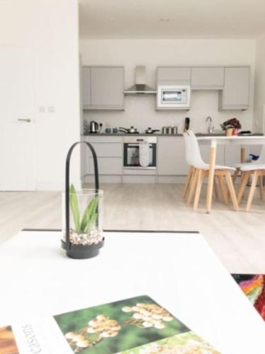 a kitchen with white cabinets and a table with a plant at Zenith at Fleet Heights Apartment Three in Fleet