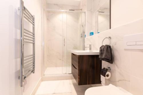 La salle de bains est pourvue d'une douche, de toilettes et d'un lavabo. dans l'établissement Zenith at Fleet Heights Apartment Three, à Fleet