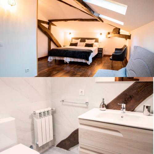 a bathroom and a bedroom with a bed and a sink at La Corrolada de Ana in Debodes
