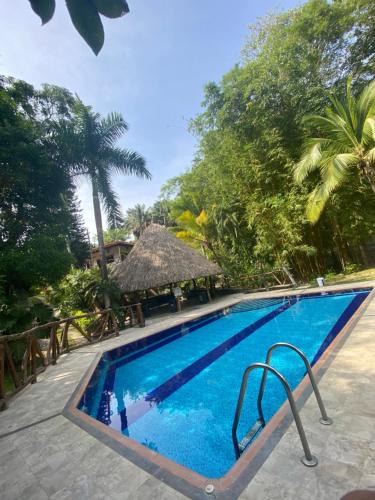 a swimming pool in a resort with a thatch roof at EcoHotel Inka Minka in Santa Marta