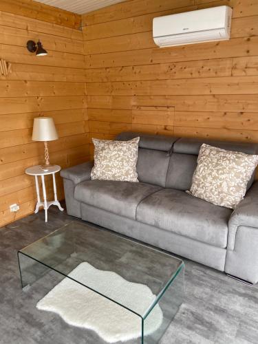 un salon avec un canapé et une table en verre dans l'établissement Bungalow dans le jardin, à Saint-Étienne