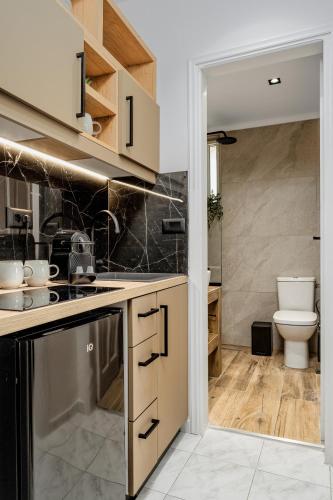 a kitchen with a sink and a toilet at Rivulet Apartments in Laganas