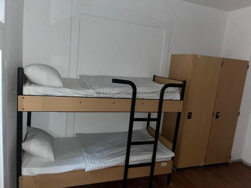 a bunk room with two bunk beds and a ladder at Waldschlösschen Ricklingen in Hannover