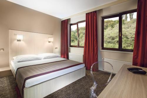 a hotel room with a bed and two windows at Hotel Hartig in Prague