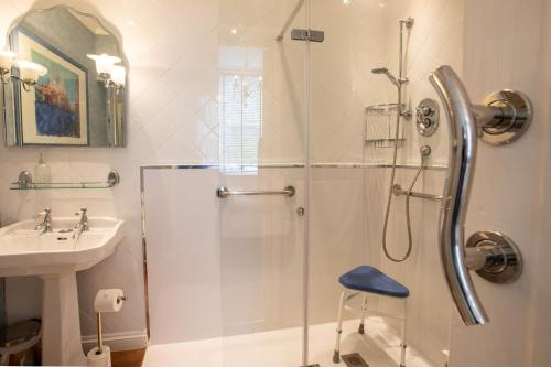La salle de bains est pourvue d'une douche en verre et d'un lavabo. dans l'établissement Stunning Apartment in Victorian Villa with Garden, à Torquay