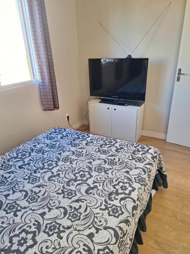 sypialnia z łóżkiem i telewizorem z płaskim ekranem w obiekcie APTO POUSADA MANU LAGES tordesilhas w mieście Lages