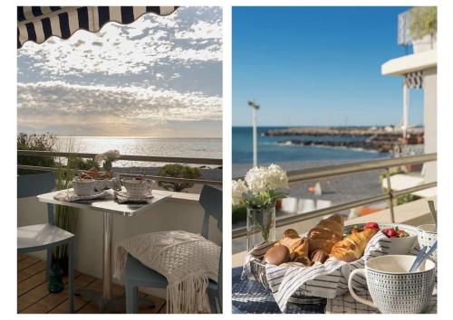 two pictures of a balcony with a table and a view of the ocean at fronte mare spiaggia - marine 59 in Diano Marina