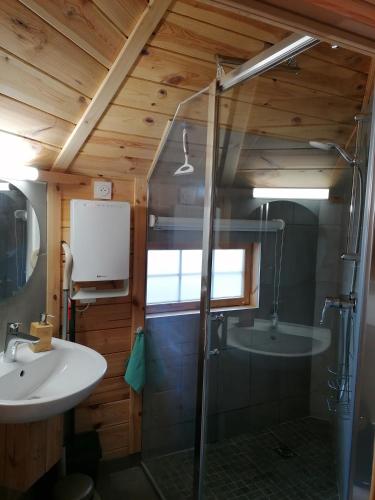 une salle de bain avec douche et lavabo dans l'établissement Kota Finlandais dans la Vallée de la Bruche proche de la nature., à Plaine