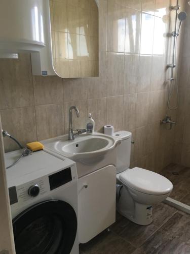 W łazience znajduje się toaleta, umywalka i pralka. w obiekcie Апартамент 170 кв.м за 6-ма, село Ягодово, Пловдивско w Płowdiwie