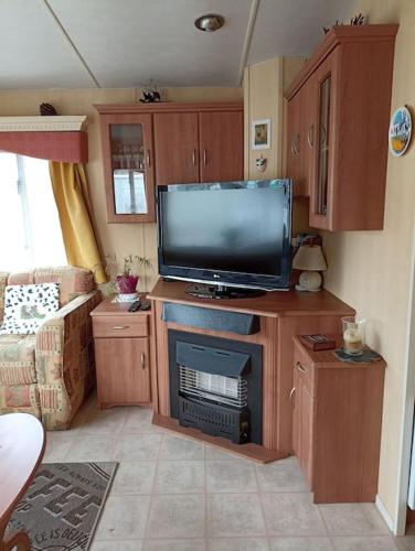 un salon avec une télévision et une cheminée dans l'établissement L' Olive Cottage, à La Tremblade