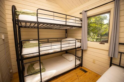 een slaapkamer met een stapelbed in een tiny house bij Carowinds Camp Wilderness in Charlotte