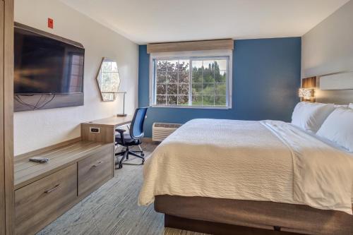 ein Hotelzimmer mit einem Bett, einem Schreibtisch und einem TV in der Unterkunft Holiday Inn Express Portland East - Columbia Gorge, an IHG Hotel in Troutdale