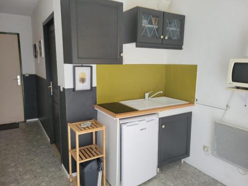 a small kitchen with a sink and a microwave at Studio en RDC à LAMALOU LES BAINS in Lamalou-les-Bains