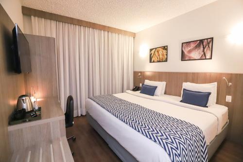 Pokój hotelowy z dużym łóżkiem i telewizorem w obiekcie Ramada by Wyndham Campinas Viracopos w mieście Campinas