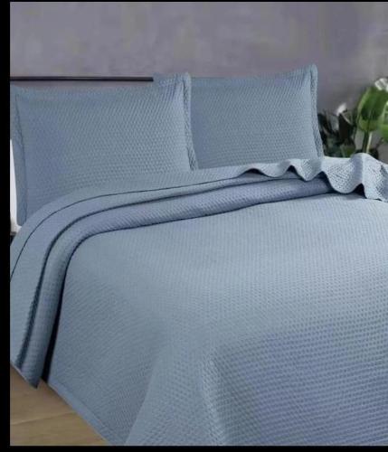 ein Bett mit einer blauen Tagesdecke darauf in der Unterkunft Casa kitnet Próx da Rodoviária c/ suite e ar condicionado entrada individual . Geladeira e cozinha básica. Garagem pra carro. in Palmas