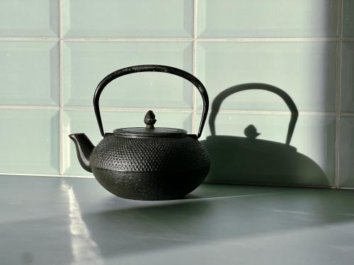 a black teapot sitting on a kitchen counter at Bio Design Appartements DAS GRAUE SCHAF - Kärnten Card im Sommer inklusive in Bad Kleinkirchheim