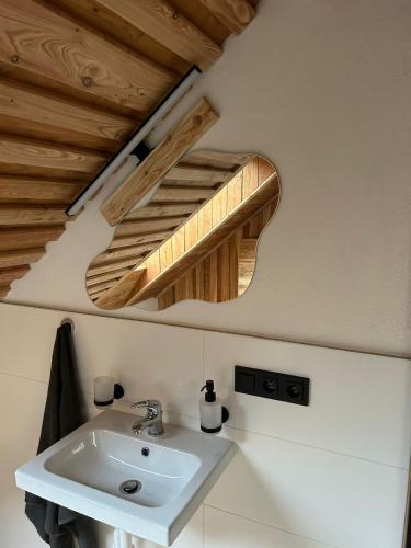 a bathroom with a sink and a mirror at Penzion s rafty in Vyšší Brod