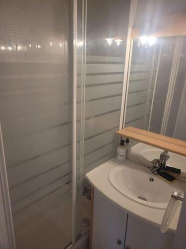 une salle de bain blanche avec un lavabo et une douche dans l'établissement Un petit coin de paradis, au Cap d'Agde