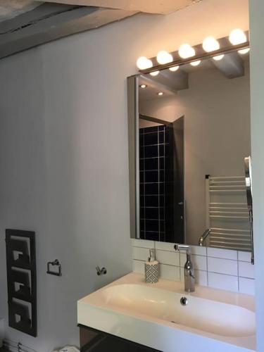 une salle de bain avec un lavabo avec un grand miroir dans l'établissement Entre châteaux et vignobles, au bord de la Loire, à Montlouis-sur-Loire