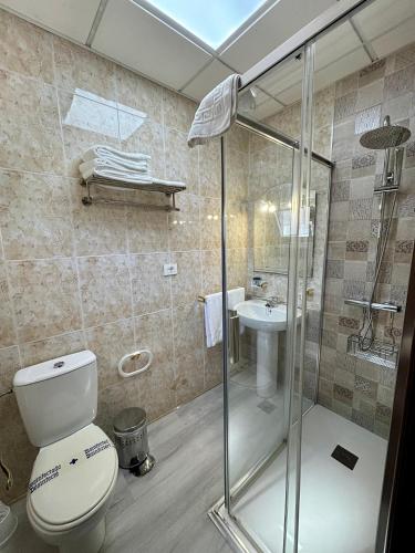 a bathroom with a shower and a toilet and a sink at Hotel Vasco Da Gama in Sabaris