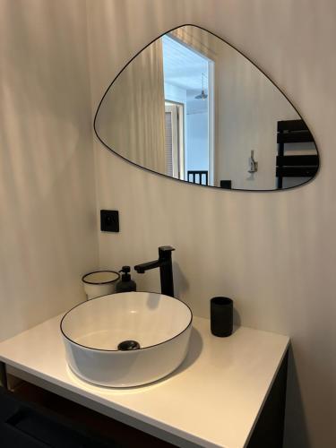 une salle de bain avec un lavabo blanc et un miroir dans l'établissement La Belle Vie du Bassin, à Lanton