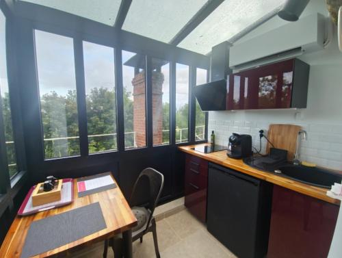 eine Küche mit einem Tisch und einigen Fenstern in der Unterkunft Le Cocon Troglodyte in Saint-Étienne-de-Chigny