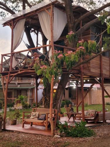 una casa sull'albero con una panchina e un albero di Atalaya del Mar Palomino a Palomino