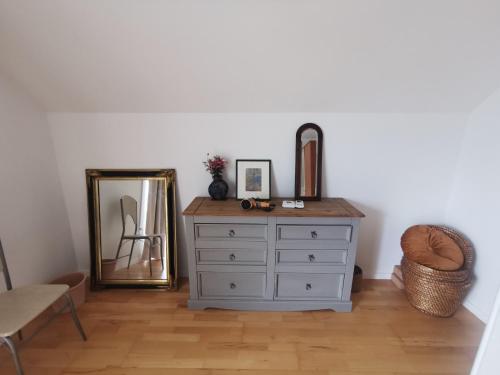 a dresser with a mirror and a chair in a room at Forest House in Bled