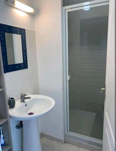 une salle de bain avec un lavabo et une douche dans l'établissement Havre de Paix, à La Baule