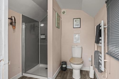 a bathroom with a shower and a toilet at Glamp and Tipple Ltd in Great Ellingham
