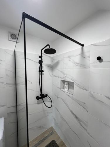 a shower in a bathroom with white marble walls at Apartmani Mia in Bibinje