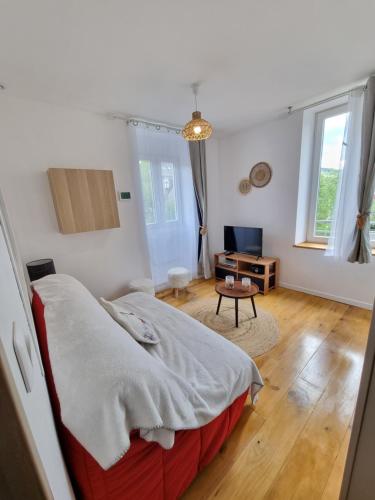 une chambre avec un lit et un salon dans l'établissement Les flocons enchantés, neuf, belle vue,4 personnes, à La Bourboule